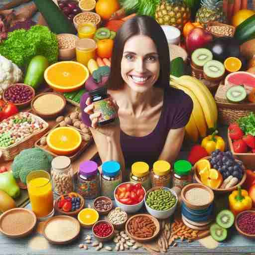 Benefici della Vitamina C: Un Elisir di Salute per il Tuo Corpo. Donna immersa in alimenti ricchi di vitamina c