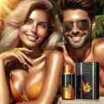 Integratori per abbronzatura. Un uomo e una donna dalla pelle dorata e sana con alcune confezioni di inegratori