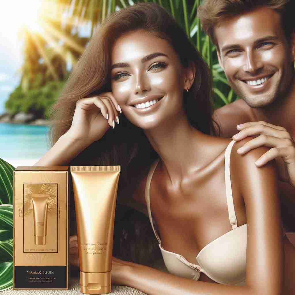 integratori per abbronzatura. Una coppia in primo piano con pelle setosa e dorata