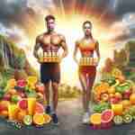 Vitamina C: Elisir di Salute per un Corpo Forte e Vitale!, una coppia uomo donna in abiti sportivi contornati da frutta e vitamina c