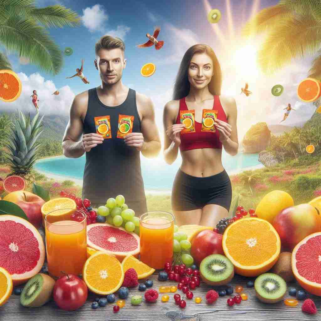 vitamina per la salute e il benessere, una coppia in forma smagliante in un paesaggio ricco di frutta a base di vitamina C