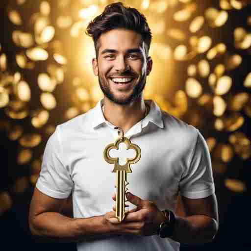 Acido Pantotenico: Chiave per una Salute Ottimale. Ritratto di una persona che sorride, con una chiave d'oro che esce dal petto. Sullo sfondo, un'immagine stilizzata del corpo umano