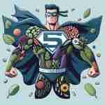 Acido Pantotenico: Potenzia la Tua Salute Naturalmente. Illustrazione di un supereroe fatto di erbe e integratori, con l'acido pantotenico come emblema sul petto.