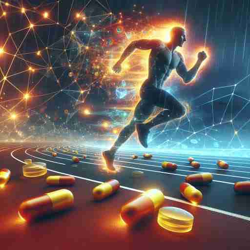 Acido Pantotenico: Chiave per una Salute Ottimale piena di Energia e Vitalità. Immagine di una persona che corre su una pista, circondata da particelle di energia e pillole di acido pantotenico