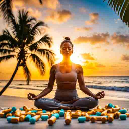 Acido Pantotenico: Soluzione Naturale per Star Bene. Immagine di una persona che medita in una posizione yoga, circondata da pillole di acido pantotenico. Sfondo di un tramonto su una spiaggia tropicale.