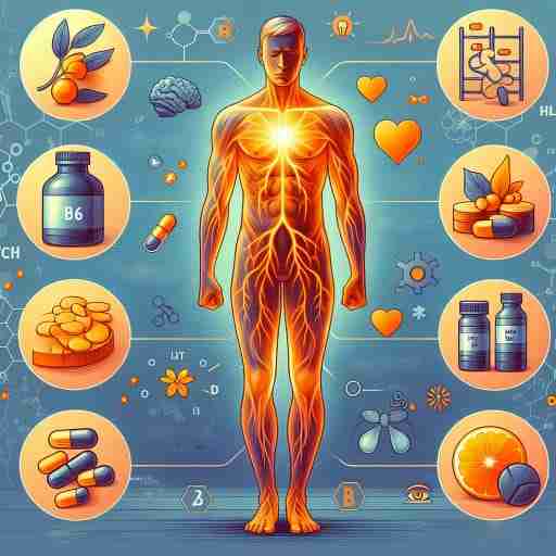 Carenza di Vitamina B6: Diagnosi, Cause, Sintomi e Soluzioni. Illustrazione che mostra un corpo umano con sezioni evidenziate per i sintomi della carenza di Vitamina B6. Accanto, una serie di icone o immagini di rimedi naturali e integratori