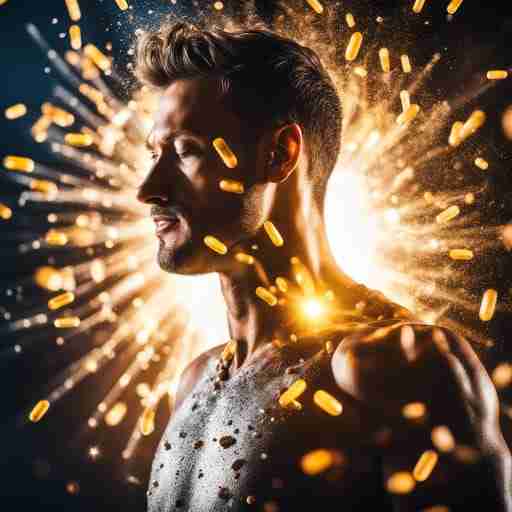 I benefici della vitamina B6. Immagine di una persona che sembra piena di energia, con particelle di luce che emanano dal suo corpo. Sullo sfondo, una capsula di vitamina B6.