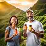 una coppia uomo donna pieni di vitalità ed energia, che hanno tra le mani gli integratori di vitamina b con lo sfondo un paesaggio esotico