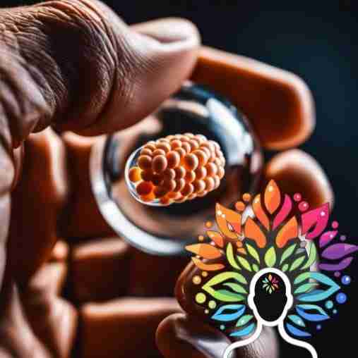 Vitamina B6: Chiave per l'Equilibrio Corpo-Mente. Immagine di una mano che tiene una capsula di vitamina B6 con uno sfondo che mostra il corpo umano e un cervello.