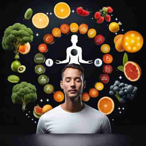 Vitamina B6: Integratore Essenziale per la Salute del Corpo e della Mente. Illustrazione di una persona che medita, con un'aura di luce che la circonda. Accanto a lei, una capsula di vitamina B6 e simboli che rappresentano la salute mentale e fisica.