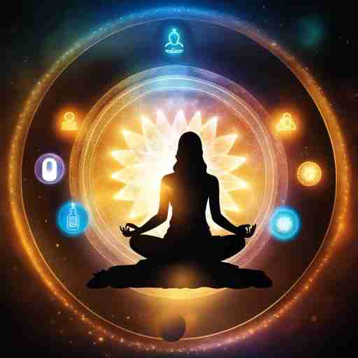 Vitamina B6 per una Vita Migliore. Illustrazione di una persona che pratica yoga, circondata da pillole di vitamina B6 e da simboli che rappresentano la salute fisica e mentale.