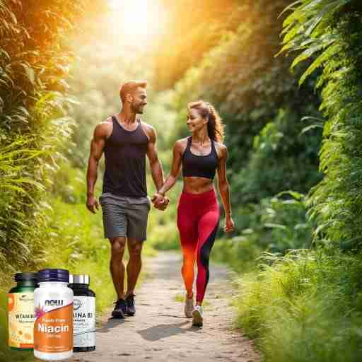 Salute e benessere assumendo niacina o vitamina b3 regolarmente. una coppia che passeggia allegramente in abbigliamento sportivo