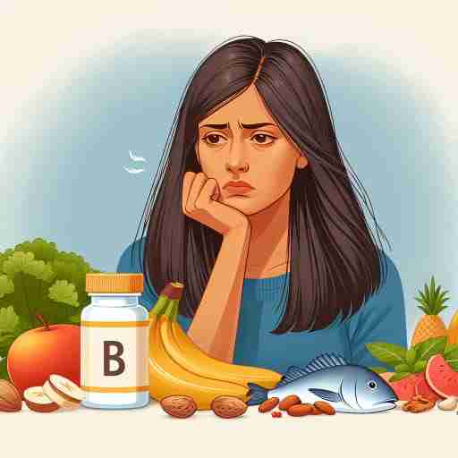 I legami tra carenza di Vitamina B6 problemi come anemia, stanchezza e debolezza muscolare. Immagine di una persona che appare stanca e debole, con un'illustrazione che mostra una bottiglia di integratori di Vitamina B6 e vari alimenti ricchi di Vitamina B6 come banane, noci, pesce, pollo e verdure a foglia verde