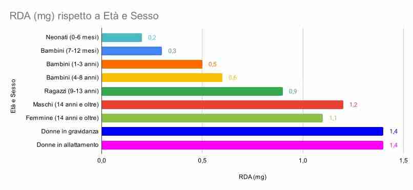 vitamina b1 tiamina, grafico del dosaggio medio giornaliero RDA