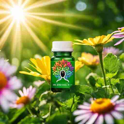 Le tipologie di confezionamento dell'acido pantotenico. immagine di un barattolo di integratori, sullo sfondo un campo fiorito