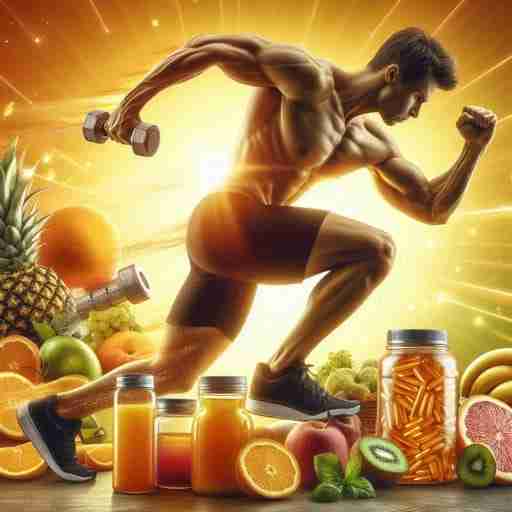 Antiossidanti e Attività Fisica Come Migliorare le Prestazioni e Promuovere la Salute degli Atleti. immagine di un atleta in forma che si allena in uno scenario ricchi di frutti contenenti antiossidanti.