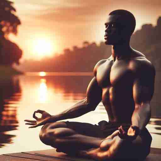 Antiossidanti e Attività Fisica Recupero post-allenamento come gli integratori antiossidanti possono aiutare. Un'immagine serena di un atleta muscoloso che fa yoga vicino a un lago tranquillo durante il tramonto. L'acqua calma e la luce calda creano un'atmosfera di pace, simboleggiando l'equilibrio tra intensa attività fisica e il potere rigenerante degli antiossidanti. L'espressione serena dell'atleta trasmette benessere e rilassamento.