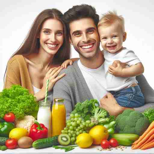 Benefici degli integratori di Vitamina B6 per la salute. Un uomo e una donna sorridenti e felici, che tengono in mano un bambino, circondati da cibi ricchi di vitamina B6