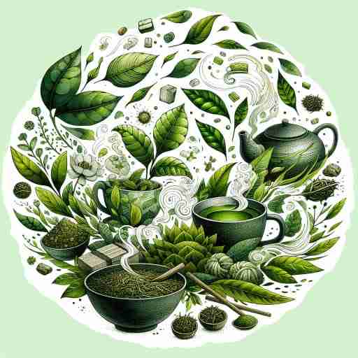 Benefici del tè verde per la salute. Illustrazione artistica che rappresenta il "meraviglioso mondo del Tè Verde", con elementi naturali, foglie di tè, e una sensazione di calma e benessere.