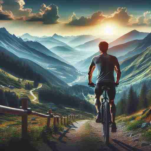 Combattere i radicali liberi durante l'esercizio fisico il ruolo cruciale degli antiossidanti. Una scena ispiratrice di un ciclista su un sentiero di montagna, con una vista panoramica del vasto e scenografico paesaggio. Il ciclista appare determinato e vigoroso, rappresentando la forza e la resistenza guadagnate attraverso una combinazione di attività fisica e integratori antiossidanti. La bellezza naturale sottolinea i benefici per la salute.
