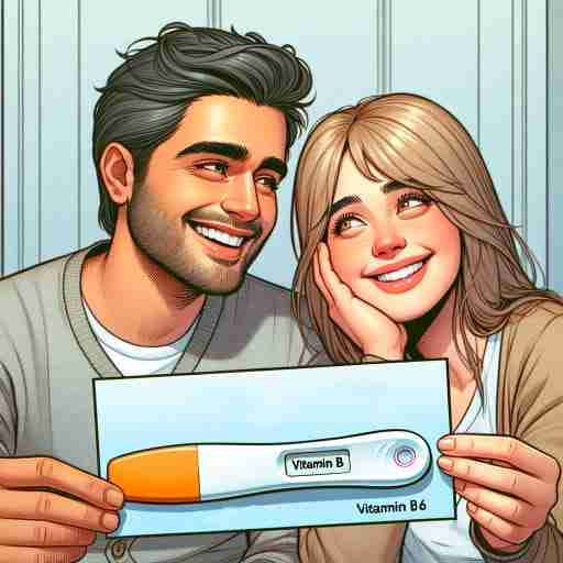 Come la Vitamina B6 influisce sull'ovulazione femminile. Una coppia che guarda con gioia un test di gravidanza positivo, con una didascalia che collega il risultato positivo all'uso di Vitamina B6