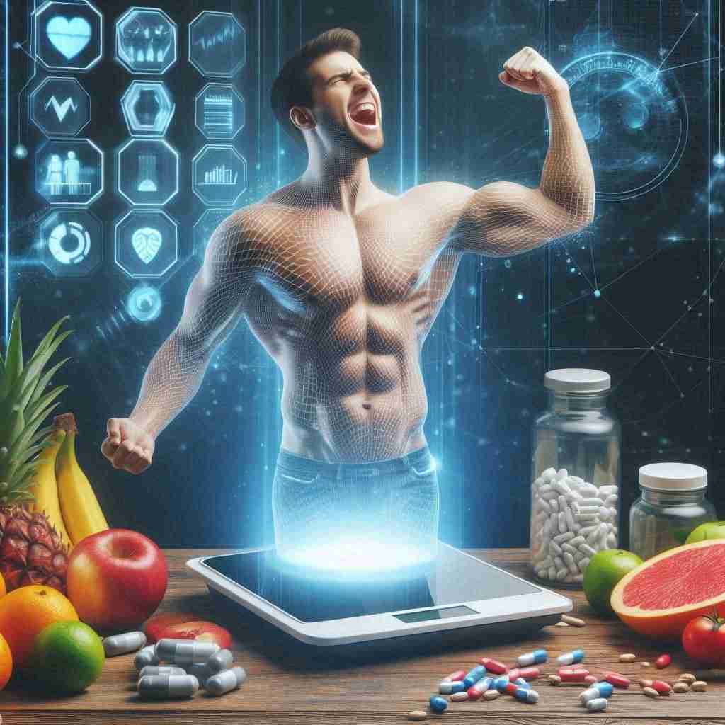 Gli Antiossidanti nel Controllo del Peso: Scopri il Potere Dimagrante degli Alimenti Antiossidanti. immagine di una persona che si sente energica e vitale mentre controlla il suo peso su una bilancia futuristica sullo sfondo integratori e frutta colorata