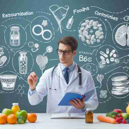 Interazioni Vitamina B6: Effetti Collaterali e Consigli per un Assunzione Sicura. Crea un'immagine di un medico che spiega i dosaggi raccomandati e le controindicazioni della Vitamina B6. Sullo sfondo, rappresentare cibi e pillole contenenti Vitamina B6 e simboli di sicurezza alimentare.