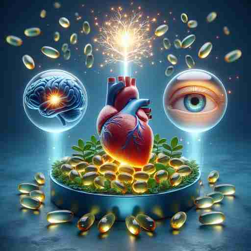 Omega-3: I Benefici per la Salute e Come Integrarli nella Tua Dieta. illustrazione che enfatizza i benefici degli mega-3 per il cuore, il cervello e la vista.