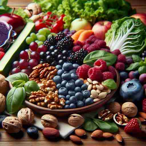 Ricette di frullati antiossidanti per un potenziamento naturale delle prestazioni. Un primo piano dettagliato di una varietà di alimenti ricchi di antiossidanti, come bacche, noci e verdure a foglia verde, disposti magnificamente su un tavolo di legno. I colori vivaci e l'aspetto fresco degli alimenti illustrano i loro benefici per la salute, in particolare per gli atleti che cercano di migliorare la loro dieta e il recupero attraverso gli antiossidanti.