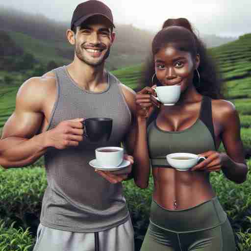 Tè Verde: Il Segreto di Salute e Benessere - Proprietà, Benefici e Utilizzi. mmagine di un uomo e una donna in abbigliamento sportivo, in forma smagliante e allegri, che sorseggiano una tazza di tè verde. l’ambiente circostante è un campo di piante di tè verde