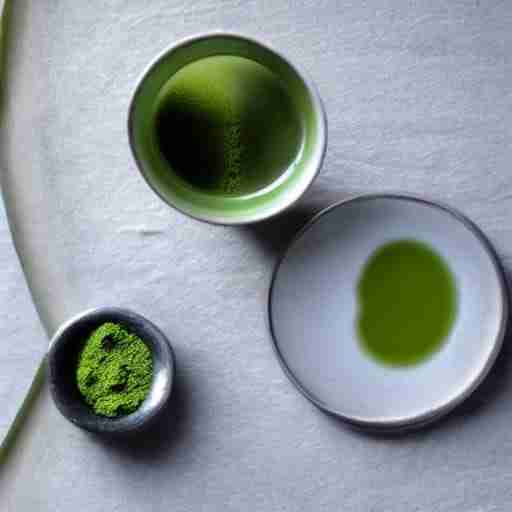 Tè Verde e Dimagrimento una combinazione vincente. illustrazione di una tazza di tè verde la polvere di te e un piattino