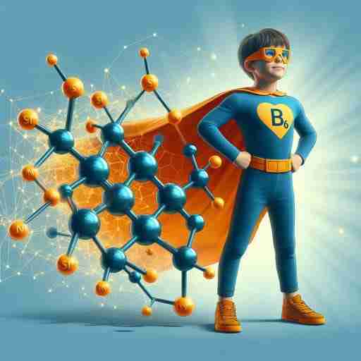 Vitamina B6 e Bambini: Importanza, Benefici e Fabbisogno per una Crescita Salutare. Una rappresentazione grafica di una molecola di Vitamina B6 trasformata in un supereroe che protegge e supporta la crescita dei bambini.