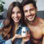 Vitamina B6 e Fertilità: Essenziale per Salute Riproduttiva. Una coppia sorridente che mostra una bottiglia di integratori di Vitamina B6, simbolo di salute riproduttiva.