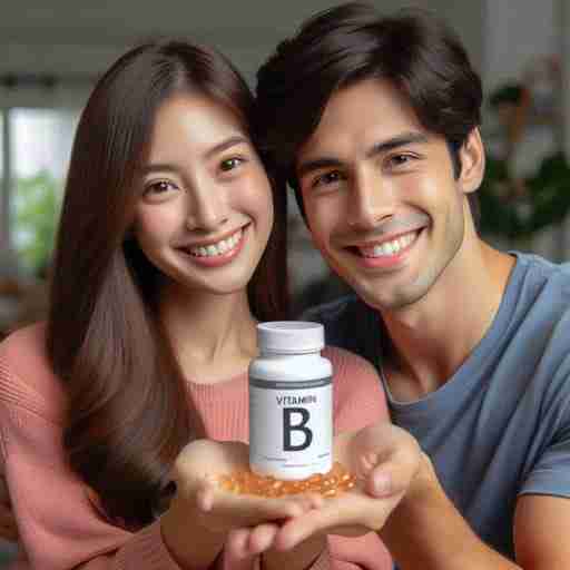 Vitamina B6 e Fertilità: Il Segreto per una Salute Riproduttiva Ottimale. Una coppia sorridente che mostra una bottiglia di integratori di Vitamina B6, simbolo di salute riproduttiva.