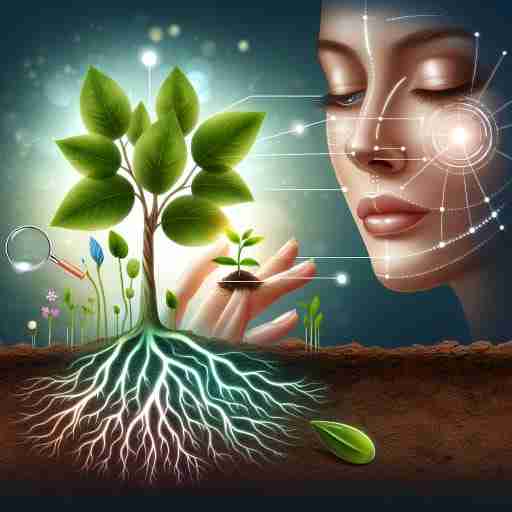 Vitamina B6 e Pelle: I Benefici e l'Importanza per una Pelle Sana e Radiosa. Un albero con radici profonde che si diramano in un terreno ricco di nutrienti. Le foglie dell'albero sono verdi e rigogliose, e rappresentano una pelle sana e radiosa. Una mano che tiene un piccolo germoglio, simbolo di nuova vita e crescita. Il germoglio è circondato da un'aura luminosa, che rappresenta i benefici della vitamina B6 per la pelle. Un primo piano di un viso femminile con la pelle liscia e uniforme. Sul viso sono disegnate delle frecce che indicano le diverse aree che beneficiano della vitamina B6, come le guance, la fronte e il contorno occhi.