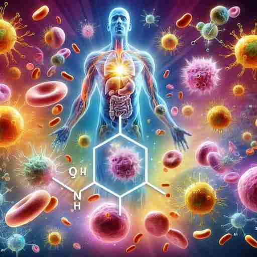 Vitamina B6 e immunità: Il Segreto per un Sistema Immunitario Forte e Protettivo.. Vitamina B6: Il Segreto per un'Immunità Forte e Protettiva. Immagine di un sistema immunitario forte e attivo, rappresentato da globuli bianchi, cellule T e altre cellule immunitarie che combattono contro batteri, virus e altre minacce