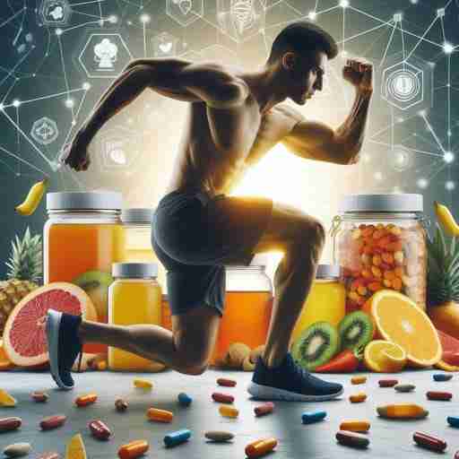 Vitamina C: Un Elisir di Salute e Benessere per Rinforzare il Sistema Immunitario. immagine di un atleta che si allena con energia e sullo sfondo barattoli di vitamina C e frutta colorata