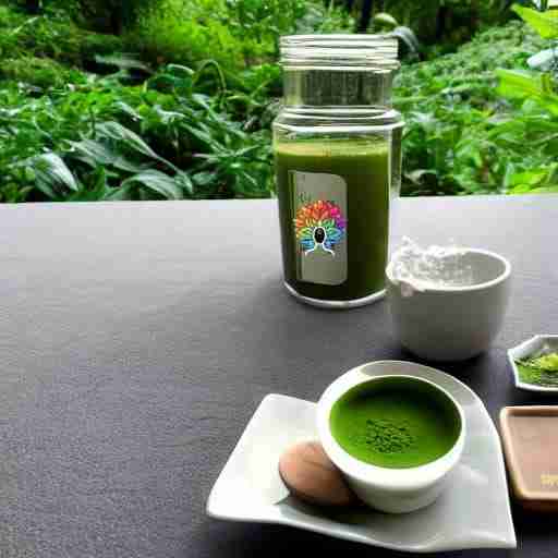I diversi tipi di Tè Verde: Sencha, Bancha e Gyokuro. barattolo contenente tè, una ciotola con della polvere di tè verde pronte per la preparazione, sullo sfondo una piantaggione di tè