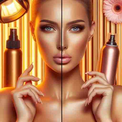 Abbronzatura artificiale: Guida sicura per un colorito sano e luminoso. Immagine di una donna in primo piano dalla pelle perfettamente abbronzata e sullo sfondo spray e lampade abbronzanti