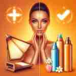 Abbronzatura artificiale: i segreti per un colorito duraturo. Figura di una danno in primo piano e sullo sfondo dei disegni di lampade solari da un lato e Spray abbronzanti dall’altro.