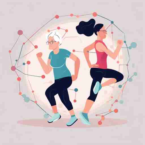 Collagene Testimonianze degli utenti Illustrazione vettoriale di una persona anziana e una giovane che fanno esercizio insieme, con molecole di collagene stilizzate intorno