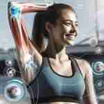 Collagene per le articolazioni: guida essenziale ai benefici atleta sorridente che si allunga dopo l'allenamento, con grafica sovrapposta che mostra l'azione del collagene sulle articolazioni
