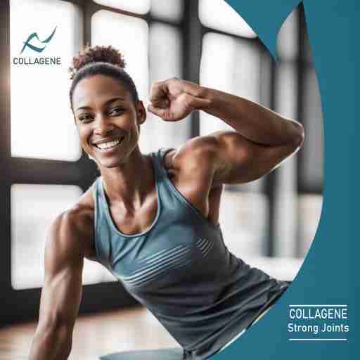 Collagene modalità di assunzione donna in tuta da ginnastica dopo aver fatto allenamento che ha assunto gli integratori di collagene ed esulta perchè non ha dolore alle articolazioni