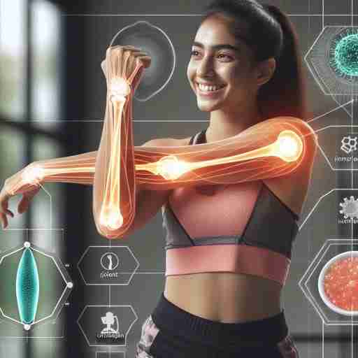 Collagene per le articolazioni: rivoluziona il tuo benessere Fotografia di atleta sorridente che si allunga dopo l'allenamento, con grafica che mostra le articolazioni e l'azione del collagene