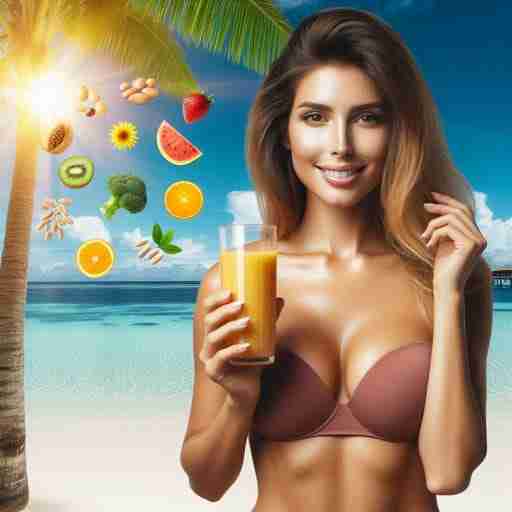 Come gli integratori abbronzanti migliorano la salute della pelle in primo piano una donna con un frullato e con intorno una serie di simboli di frutta dalla pelle abbronzata sullo sfondo uno scenario di una spiaggia tropicale