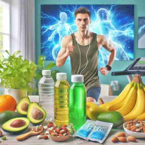 Elettroliti l’Importanza nella Dieta Chetogenica La scena principale mostra una tavola imbandita con alimenti ricchi di elettroliti come avocado, banane, noci e verdure a foglia verde. Accanto al cibo, ci sono integratori di elettroliti in bottiglia. Sullo sfondo, un atleta attiva che fa esercizio