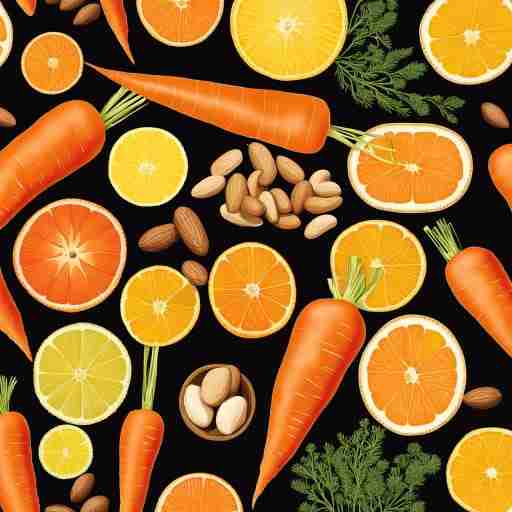 L'immagine si concentra sugli alimenti che favoriscono l'abbronzatura, come carote, agrumi, pesce azzurro e noci.