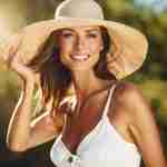 L'immagine mostra una donna esposta al sole che utilizza elementi di protezione solare come cappelli a tesa larga e abbigliamento leggero ma coprente.