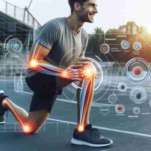 I benefici del collagene per le articolazioni atleta sorridente che si allunga dopo l'allenamento, con grafica sovrapposta che mostra l'azione del collagene sulle articolazioni