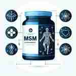 Immagine di una confezione di integratore di MSM con un design accattivante. Rappresentazione grafica dei benefici dell'MSM per articolazioni, pelle e capelli. Layout che include icone di salute articolare e energia, con testo che indica i benefici.